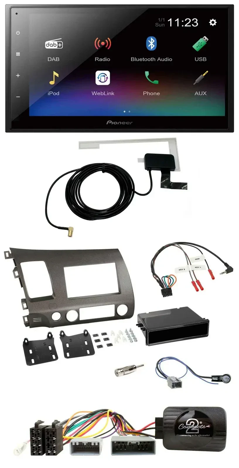 Автомагнитола для Honda Civic 2006–2010 Hybrid Pioneer 2 DIN, DAB, Bluetooth, USB, поддержка кнопок на руле