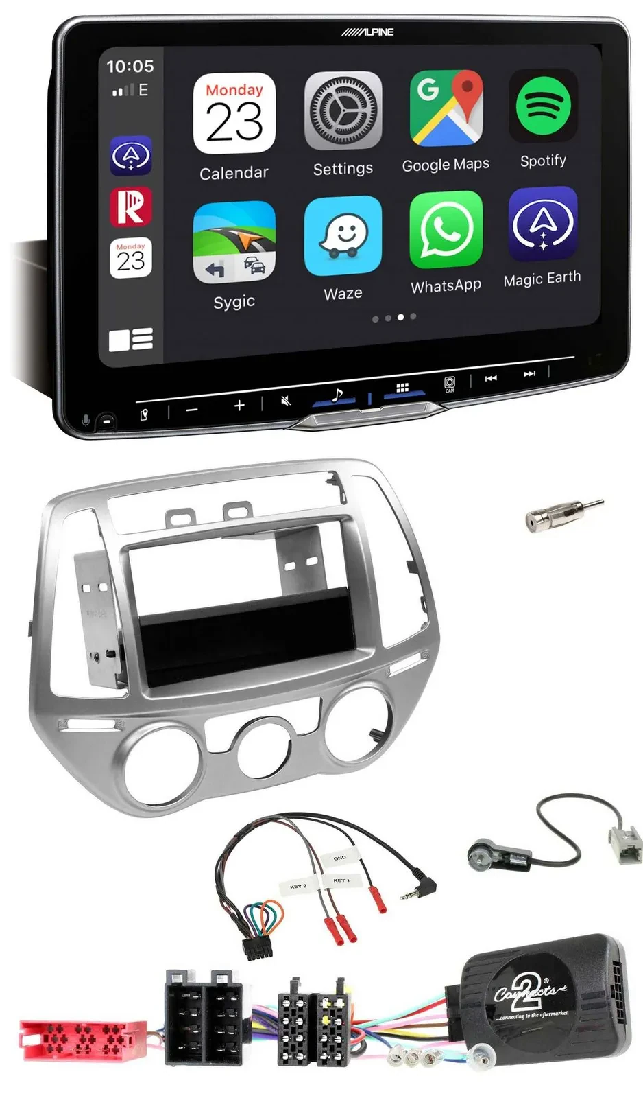 Автомагнитола Alpine Bluetooth USB DAB для Hyundai i20 (2012–2014) серебристая, поддержка управления на руле