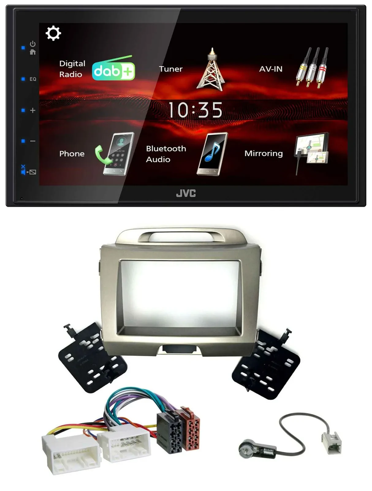 Автомагнитола для Kia Sportage 3 (2010–2015) JVC 2DIN USB Bluetooth MP3 DAB серебристая