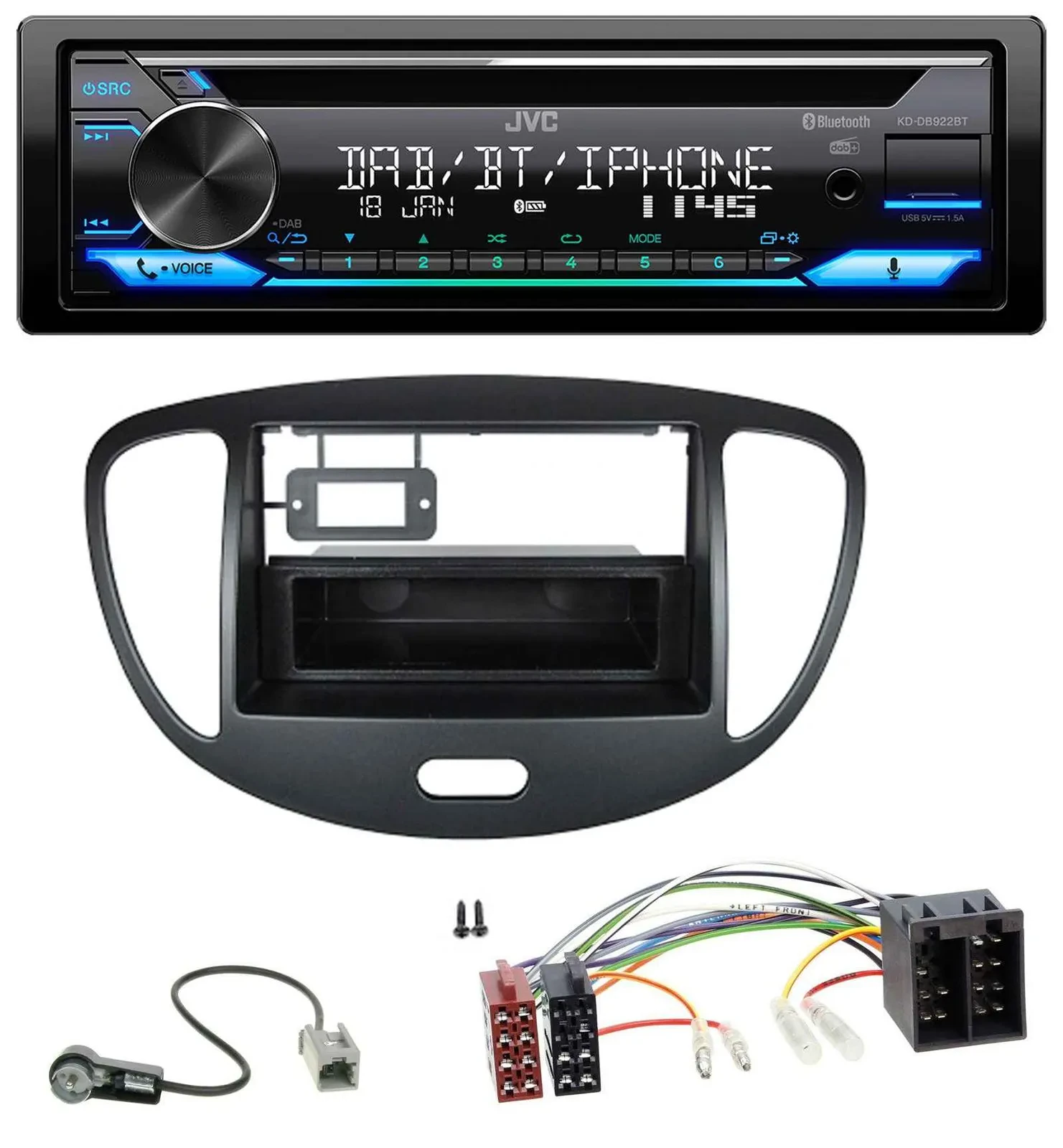Автомагнитола для Hyundai i10 (2008–2013) JVC Bluetooth, MP3, USB, DAB, CD, черный