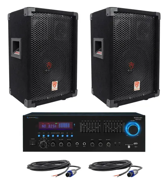 2 Rockville RSG8 8” 300W Passive DJ/PA Speakers+Technical Pro RX55URIBT Receiver