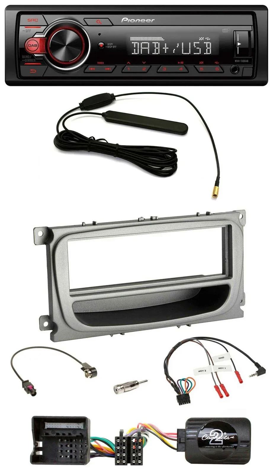 Автомагнитола Pioneer 1-DIN, DAB, USB, для Ford Mondeo/S-Max (с 2007), серебристая, поддержка управления с руля