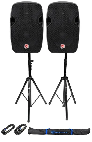 (2) Rockville SPGN124 12" Passive 2400W DJ PA Speakers+Stands+Cables+Carry Bag