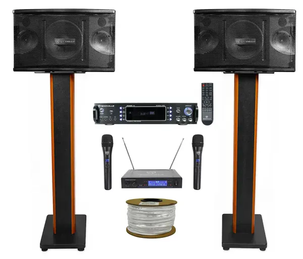 Pair Rockville KPS80 Karaoke/Pro Speakers+Bluetooth Amp+36" Stands+Wireless Mics