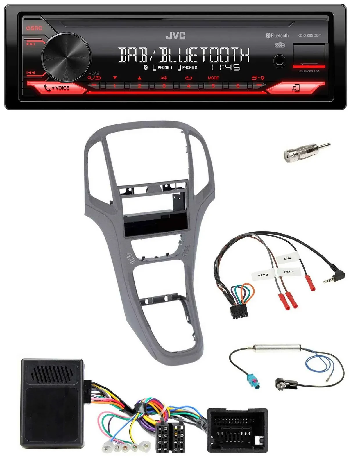 Автомагнитола для Opel Astra J JVC Bluetooth, USB, DAB, титан-серый, с поддержкой управления на руле