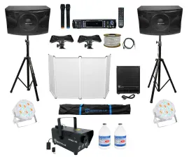 DJ Package w/ (2) 12" 1600w Speakers+Sub+Amp+Facade+Fogger+Lights+Stands+Cables