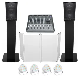 DJ Package w/(2) JBL JRX215 2000w 15" Speakers+Mixer+Totem Style Stands+Facade