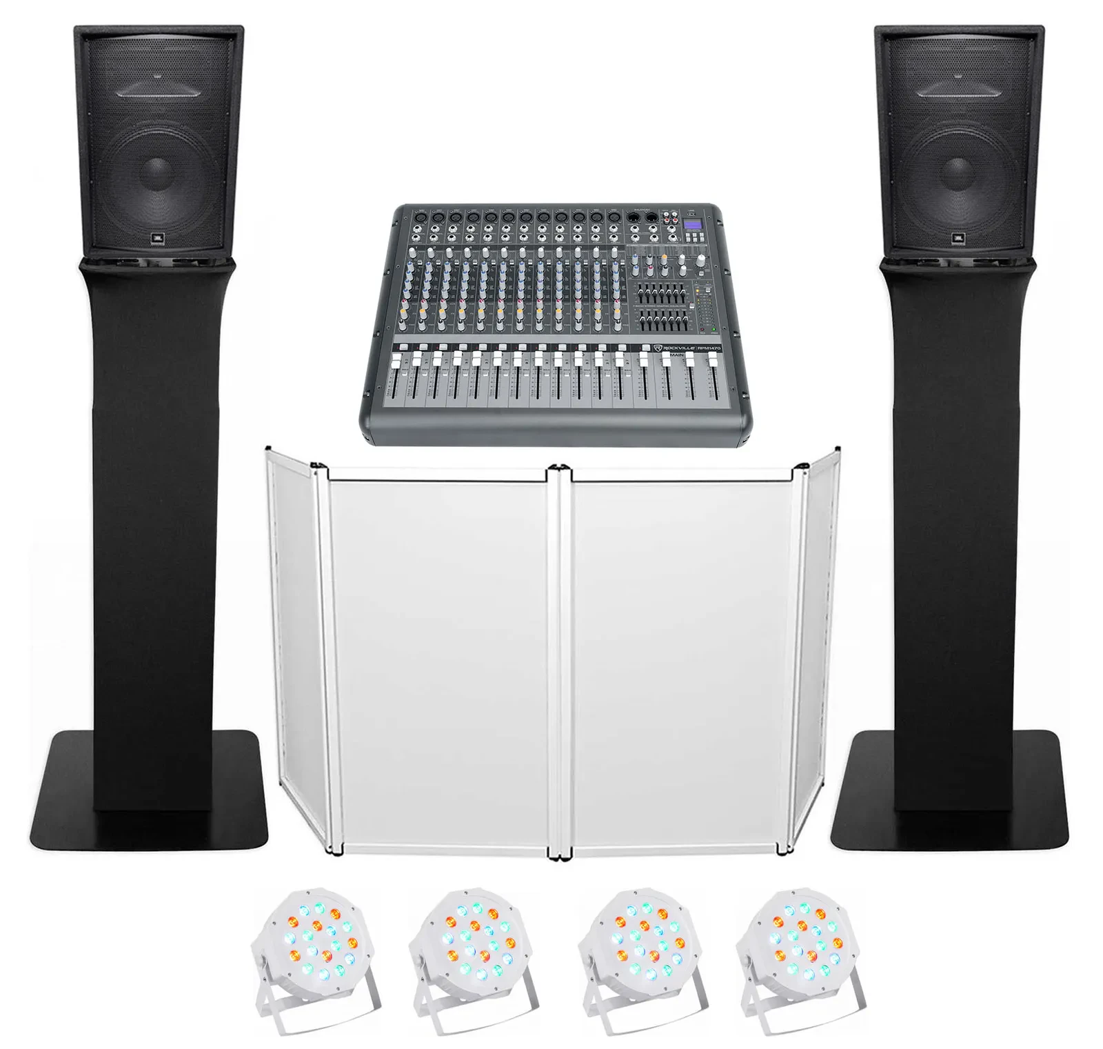 DJ Package w/(2) JBL JRX215 2000w 15" Speakers+Mixer+Totem Style Stands+Facade
