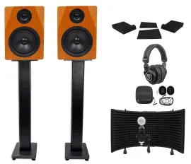 2 Rockville DPM5C 5.25" 300w Active Studio Monitors+Stands+Headphones+Mic+Shield