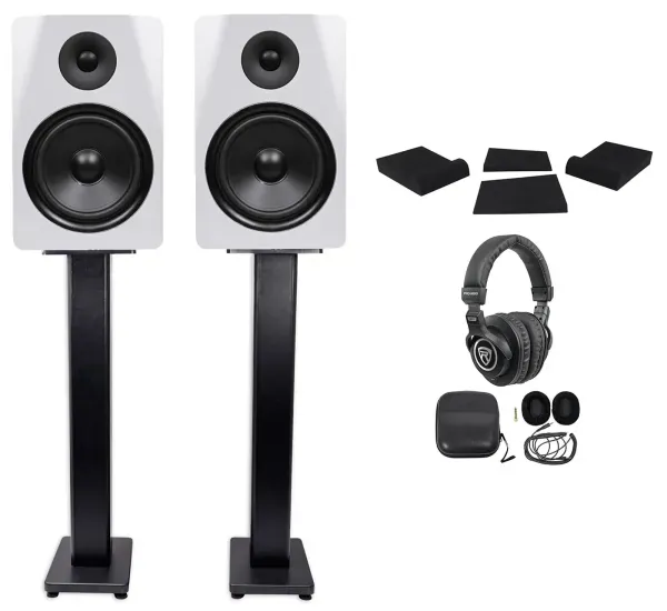 2) Rockville DPM8W 8" 600w Dual Powered Studio Monitors+Stands+Pads+Headphones