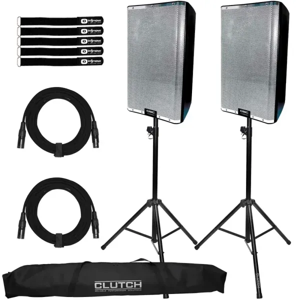 QSC K12.2 12" Active Powered DJ PA Speakers Pair w Silver Grills & Stands Pack