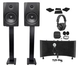 2) Rockville DPM8B 8" 600w Active Studio Monitors+Stands+Headphones+Mic+Shield