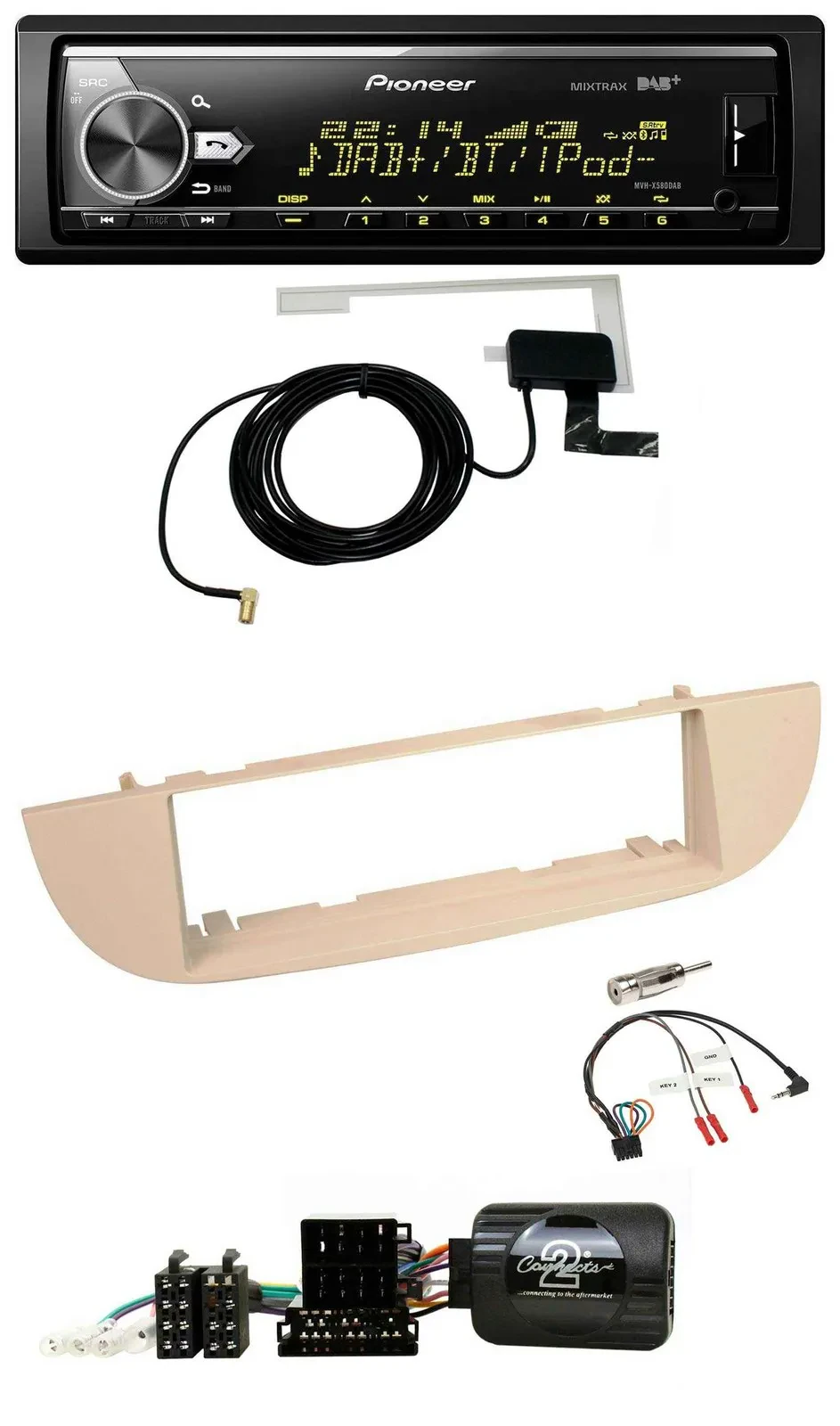 Автомагнитола для Fiat 500 (с 2007) Pioneer Bluetooth, DAB, USB, совместима с кнопками на руле, перламутрово-серо-бежевый