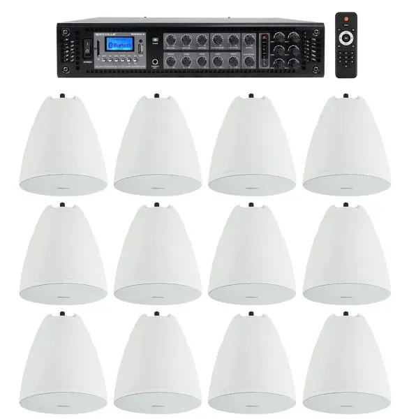 Rockville 6-Zone Amp Receiver+12) White Pendant Speakers For Restaurant/Bar/Cafe