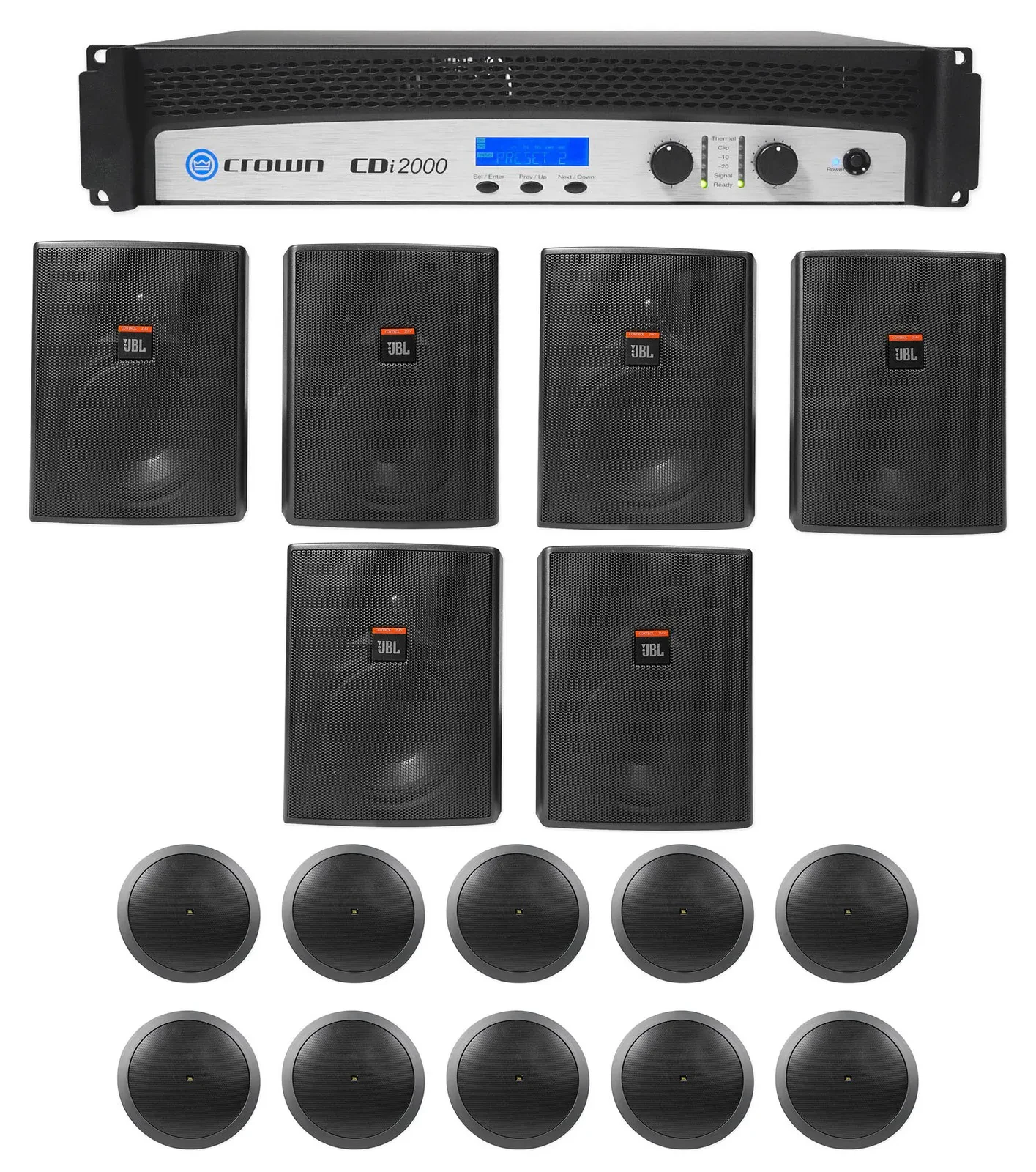 Crown CDi2000 2-Ch 800w 70V Commercial Amplifier+(6) Wall+(10) Ceiling Speakers