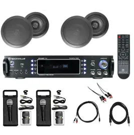 1000w Karaoke Bluetooth Amp/Mixer+(4) Black Ceiling Speakers+(2) Microphones