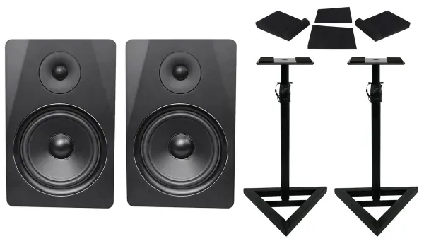 2) Rockville DPM8B Dual Powered 8" 600 Watt Active Studio Monitors+Stands+Pads