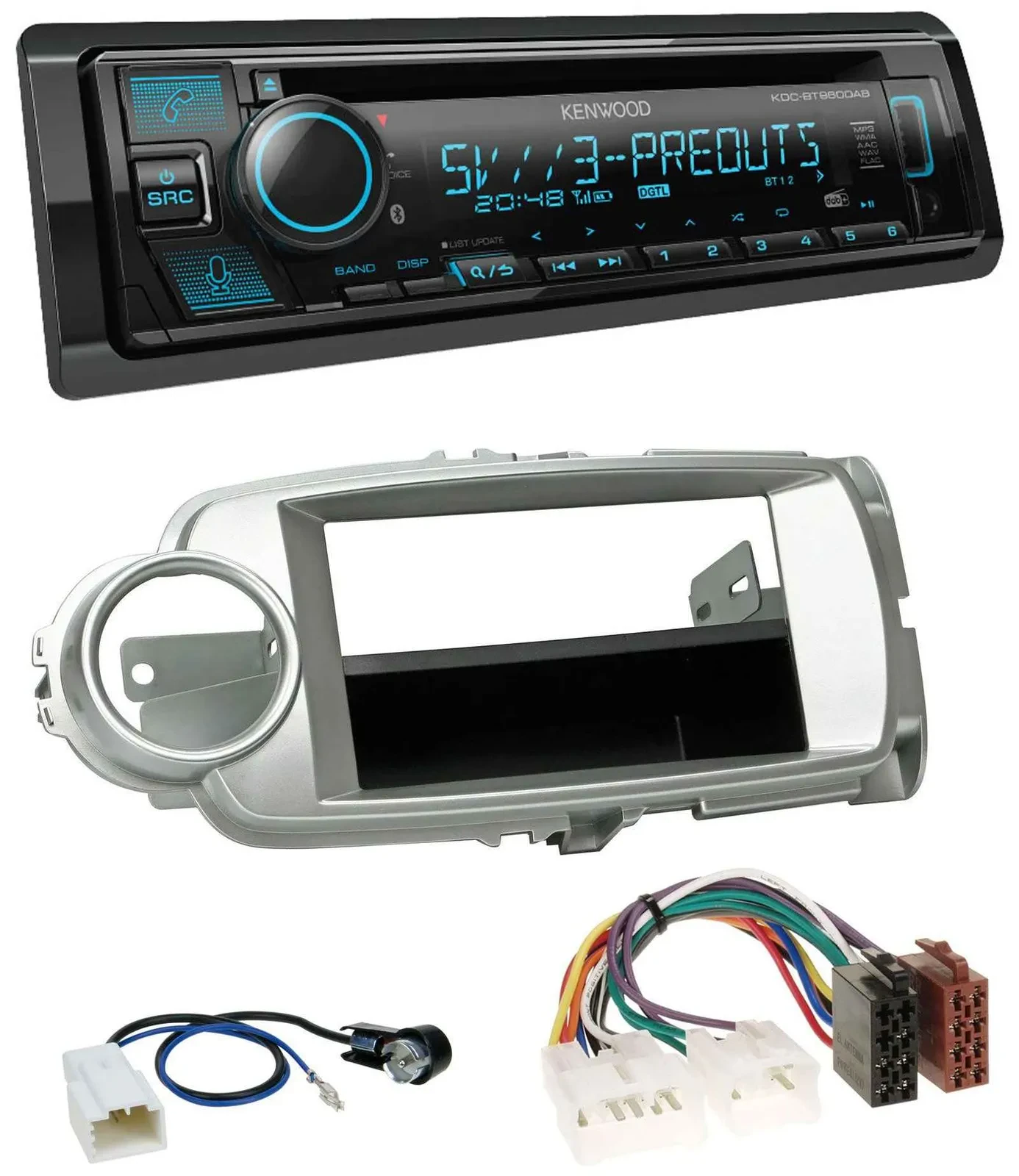 Автомагнитола для Toyota Yaris (2011–2014) Kenwood Bluetooth USB CD MP3 DAB, серебристая