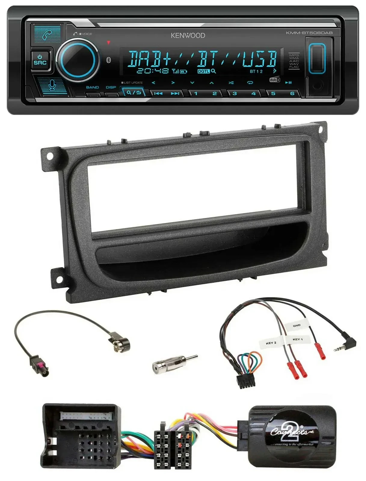 Автомагнитола Kenwood Bluetooth, DAB, USB для Ford C‑Max/Galaxy/Focus (с 2007) с поддержкой кнопок на руле