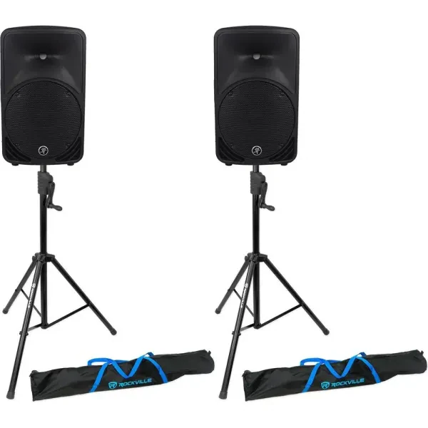 (2) Mackie SRM350V3 SRM350-V3 1000w 10" Powered DJ PA Speakers+Crank-Up Stands