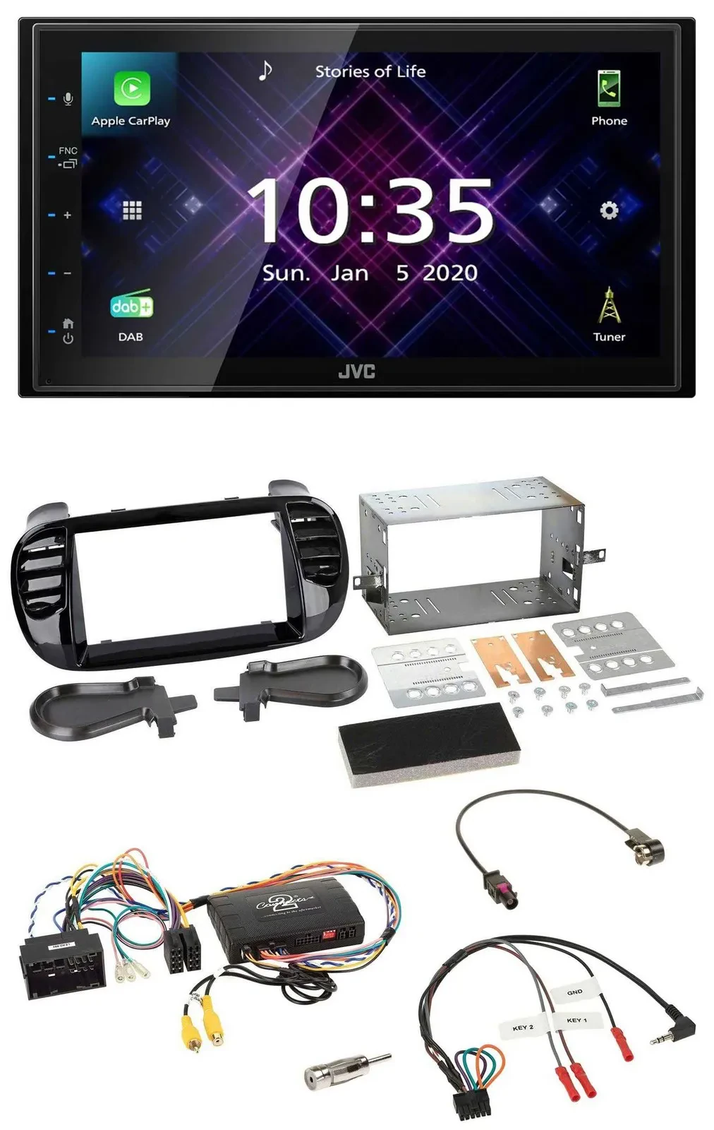 JVC DAB 2DIN Lenkrad Bluetooth USB Autoradio für Fiat 500 2014-2015 schwarz