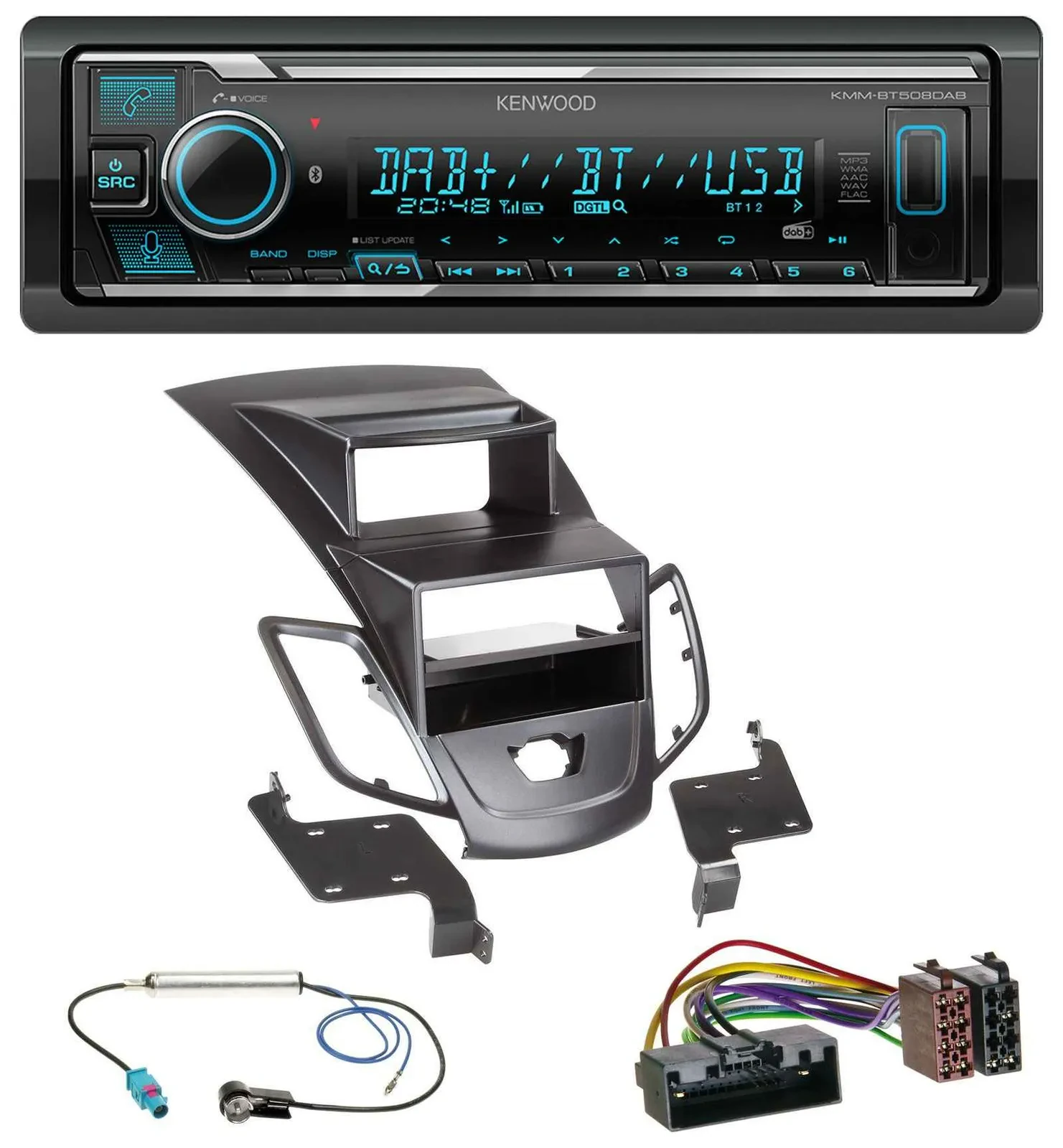 Автомагнитола Kenwood Bluetooth, MP3, DAB, USB для Ford Fiesta 2010–2017 черная