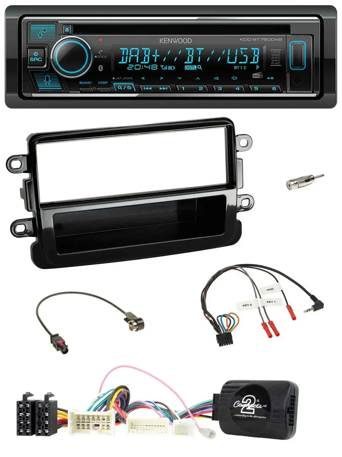 Автомагнитола Kenwood Bluetooth DAB USB CD для Dacia (с 2012), чёрный (piano black)