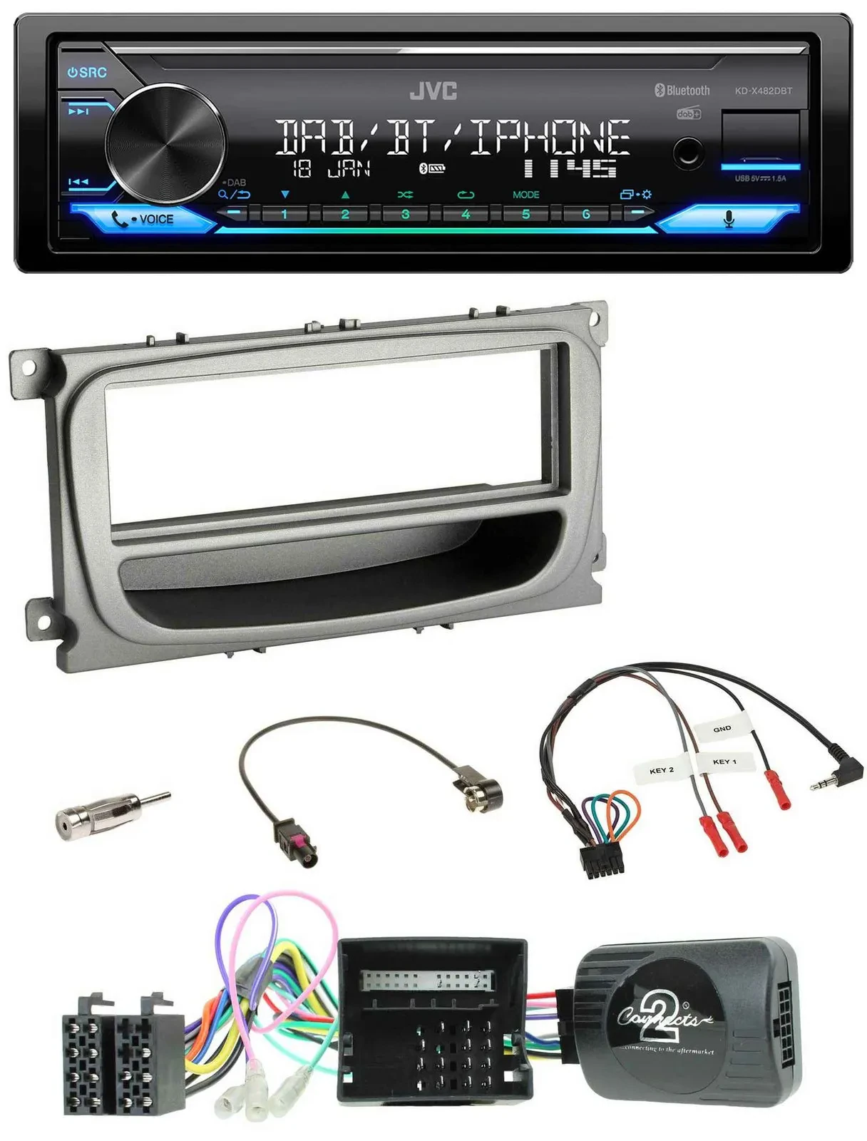 Автомагнитола JVC Bluetooth DAB USB для Ford Focus/Galaxy/C-Max (с 2007), совместима с кнопками на руле (CAN)