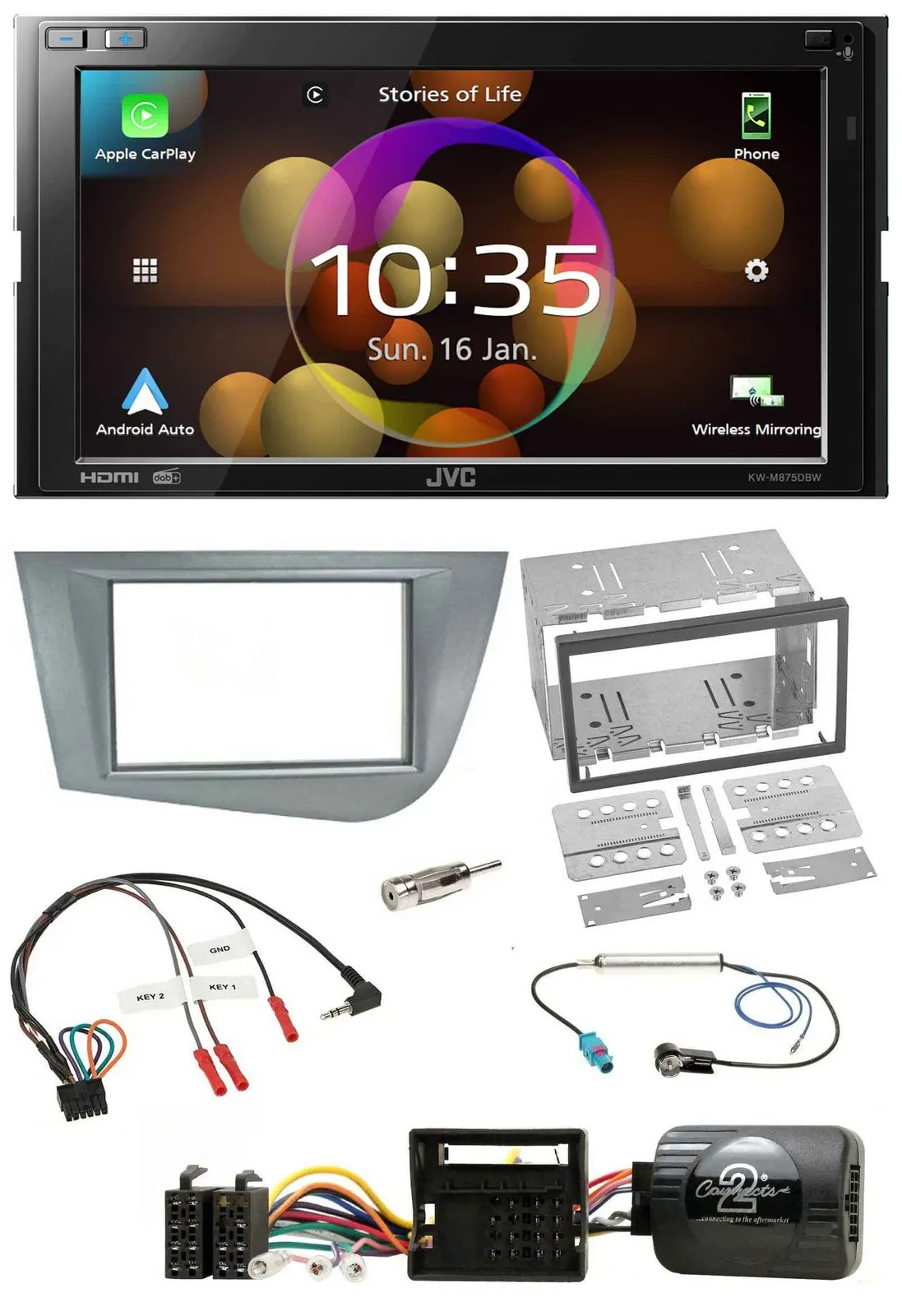 JVC DAB Lenkrad 2DIN Bluetooth USB Autoradio für Seat Leon 2005-2012 silber