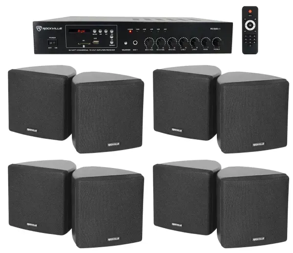 Rockville Commercial Restaurant Bluetooth Amplifier+(8) 3.5" Black Cube Speakers