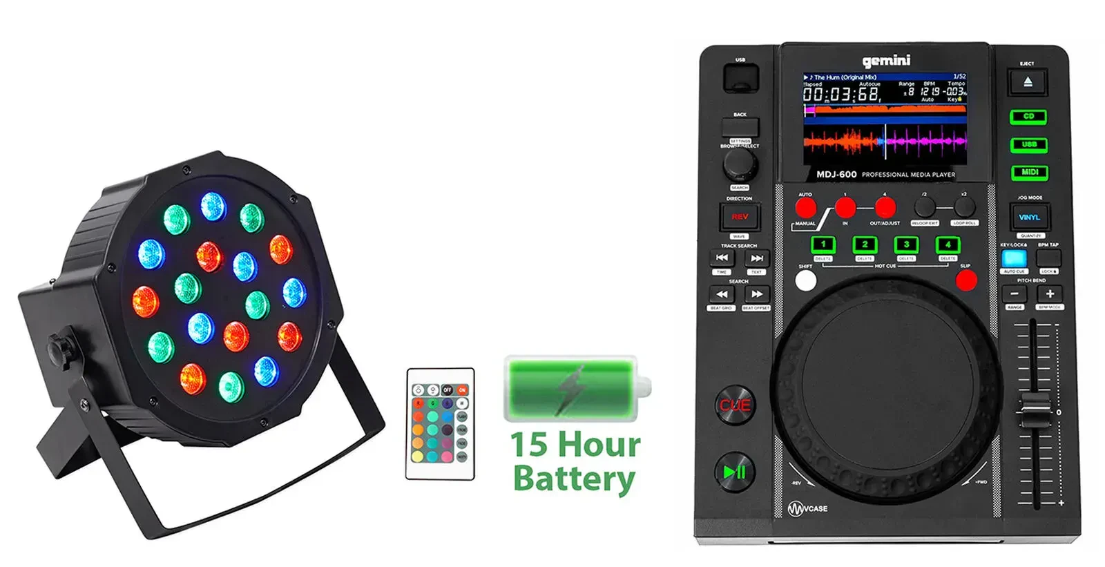 DJ-контроллер Gemini MDJ-600, USB/CD, MIDI (набор) с Battery Par 50
