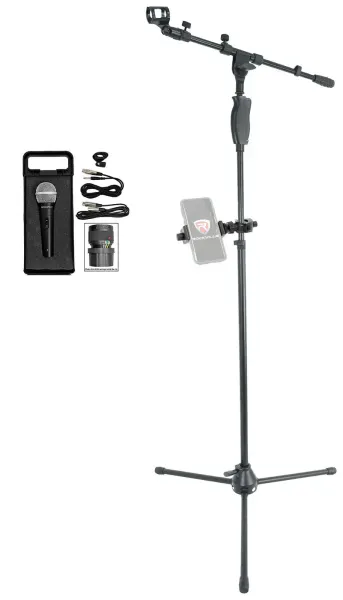 Rockville Tripod Karaoke Microphone Stand w/Hand Clutch+Mic+Smartphone Mount