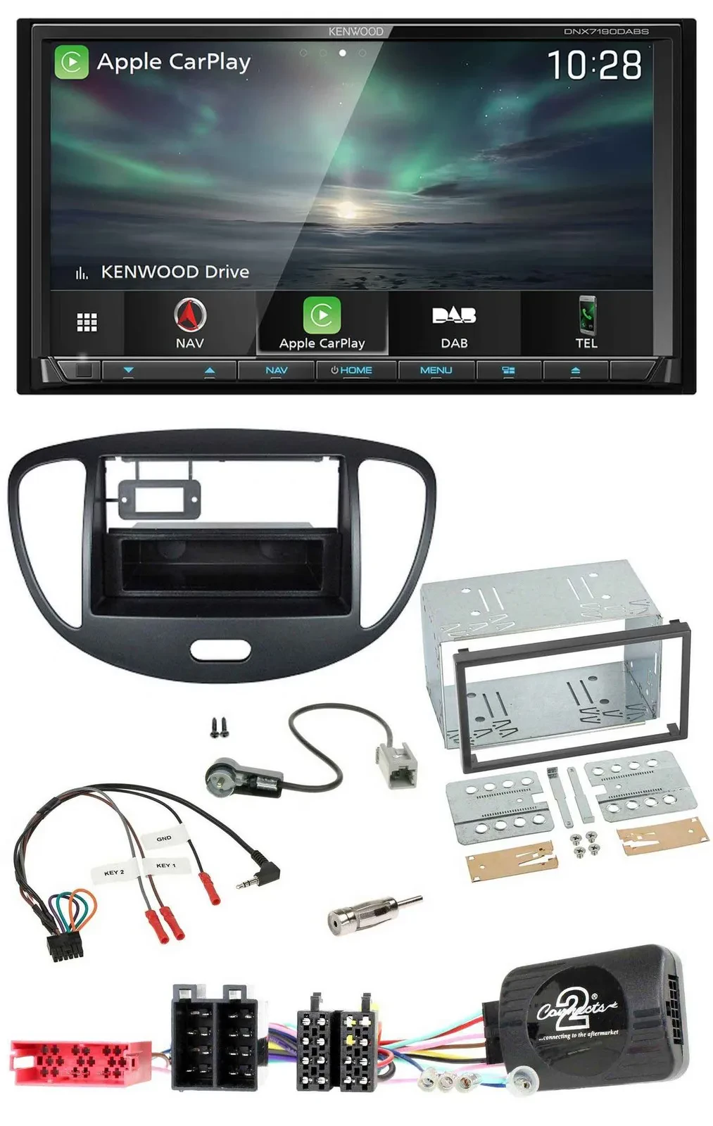 Kenwood Bluetooth USB 2DIN Lenkrad TMC DAB Navigation für Hyundai i10 2009-2013