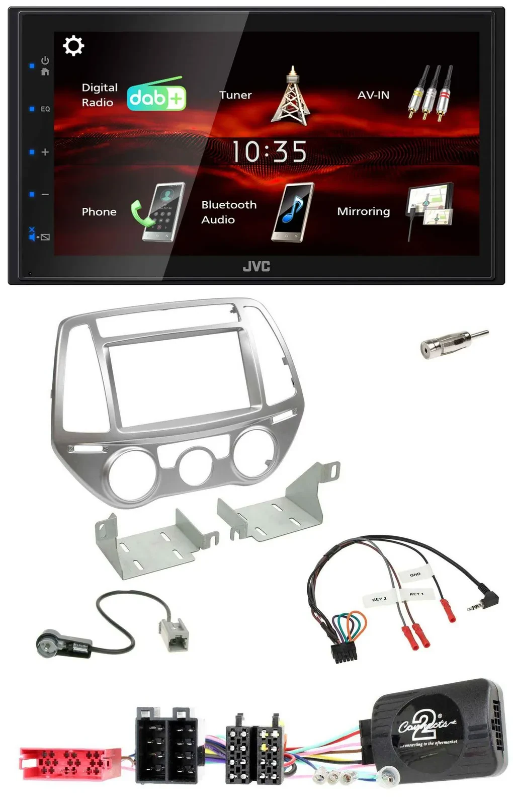 Автомагнитола JVC 2-DIN USB, Bluetooth, DAB для Hyundai i20 (2012–2014), ручной климат-контроль
