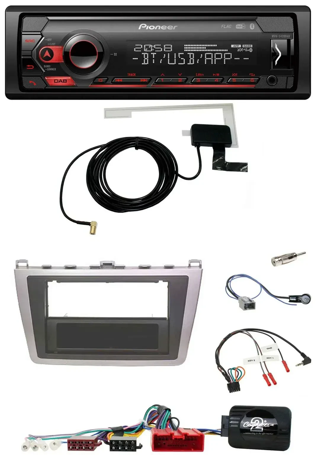 Автомагнитола для Mazda 6 (2008–2012) Pioneer DAB, USB, Bluetooth, поддержка управления на руле, серебристый/чёрный