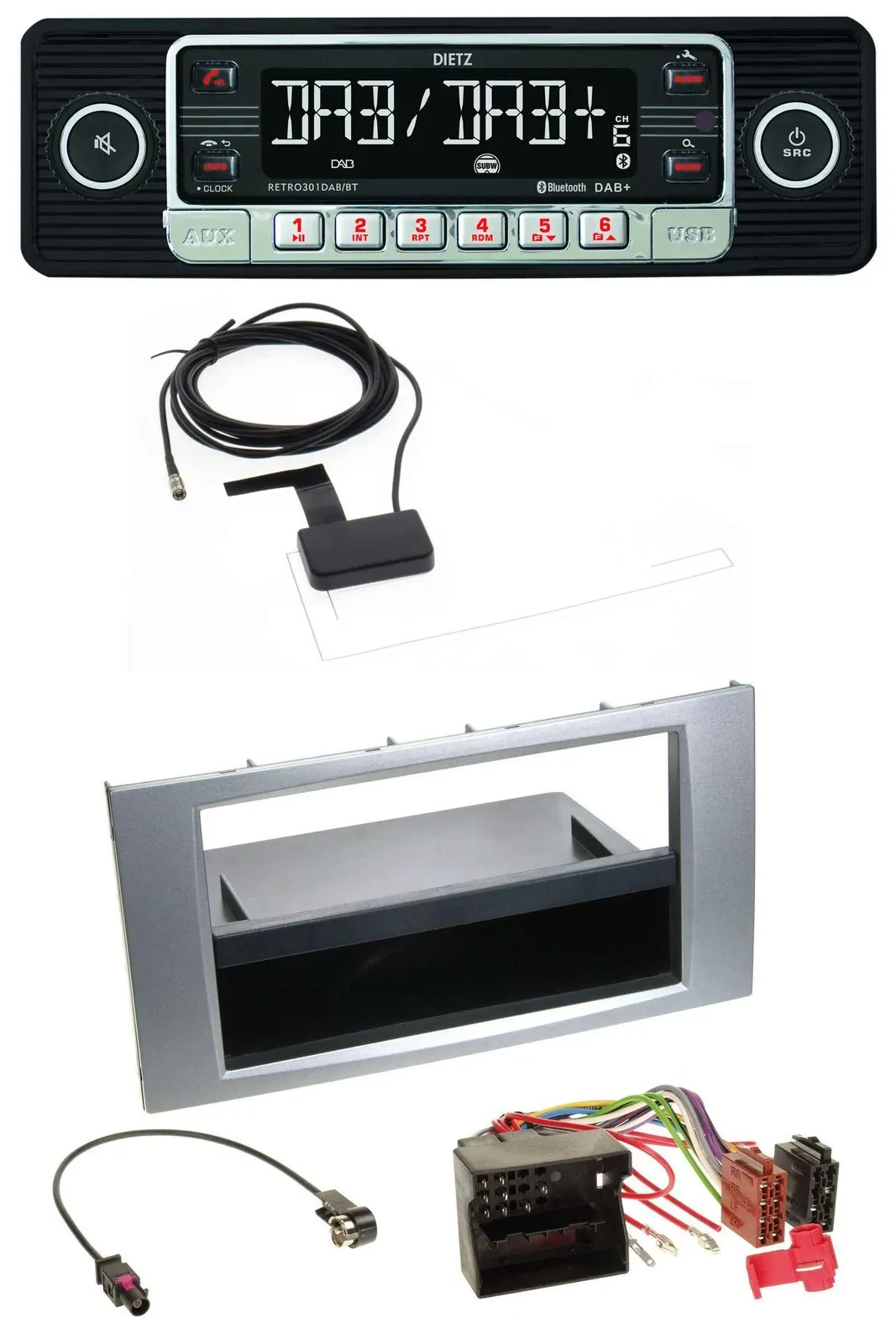 Автомагнитола Dietz DAB, Bluetooth, USB, MP3 для Ford Fiesta/Focus (2004–2008) серебристая