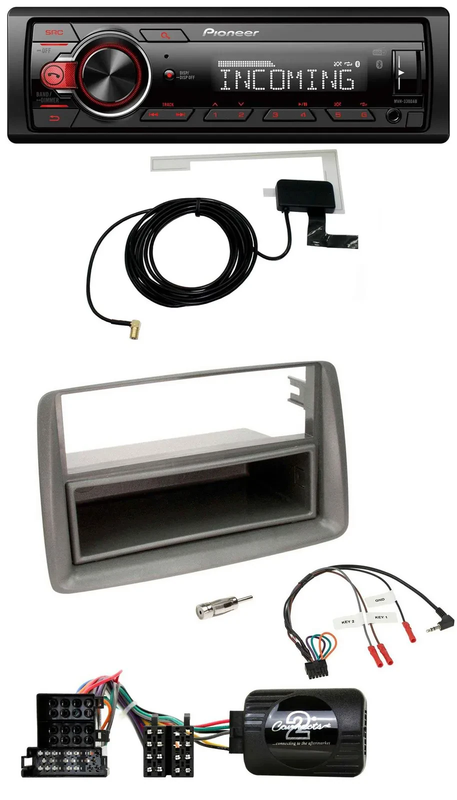 Автомагнитола Pioneer USB, DAB, Bluetooth, поддержка управления с руля для Fiat Panda (2004–2010), серый