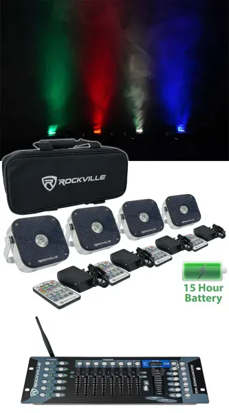 Rockville 4 PACK MINI RF1 V2 DJ Up Lights+Bag+RF Remote+Wireless DMX Controller