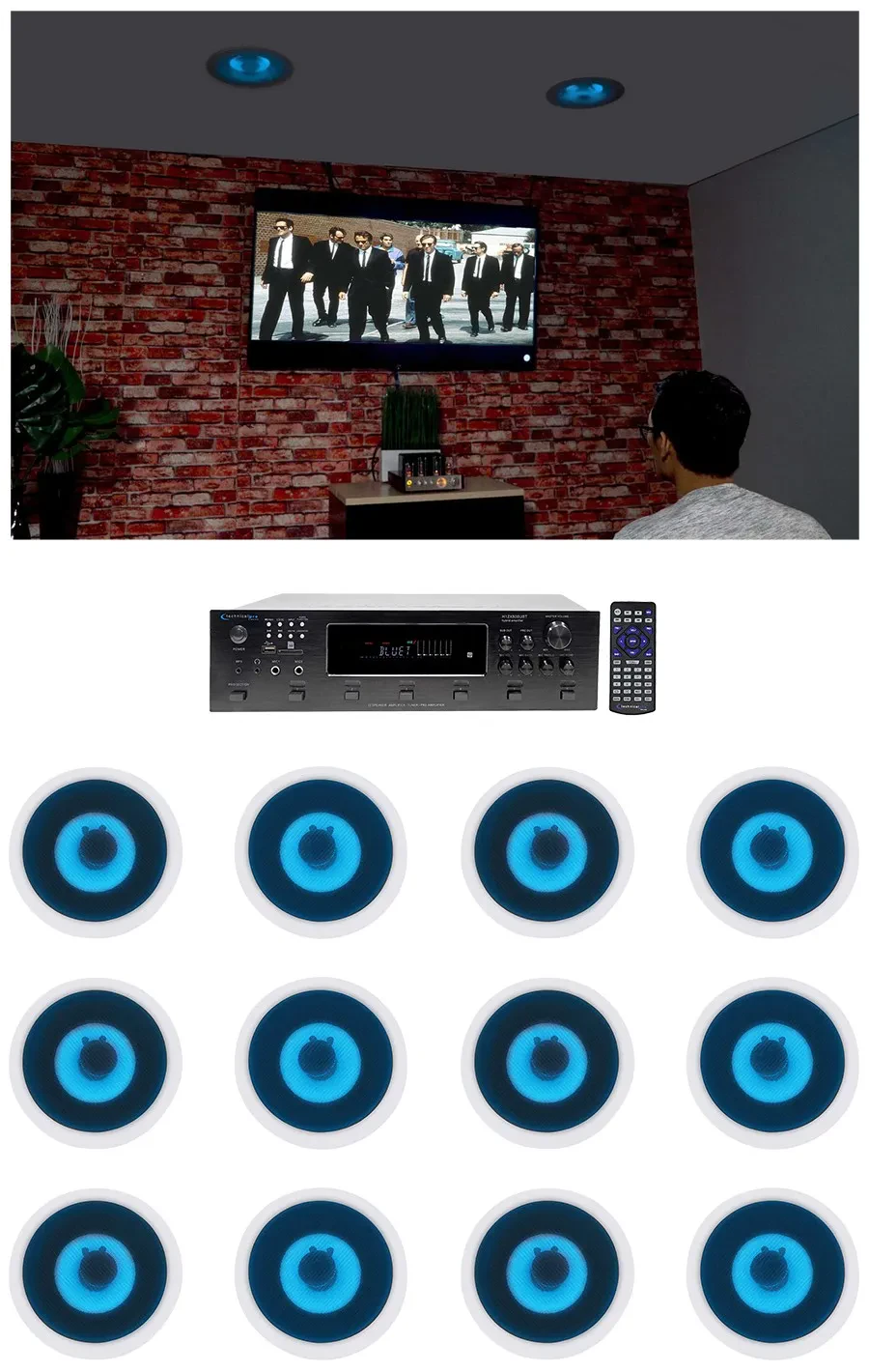 Technical Pro 6-Zone Home Theater Bluetooth Receiver+(12) 6.5" Blue LED Speakers