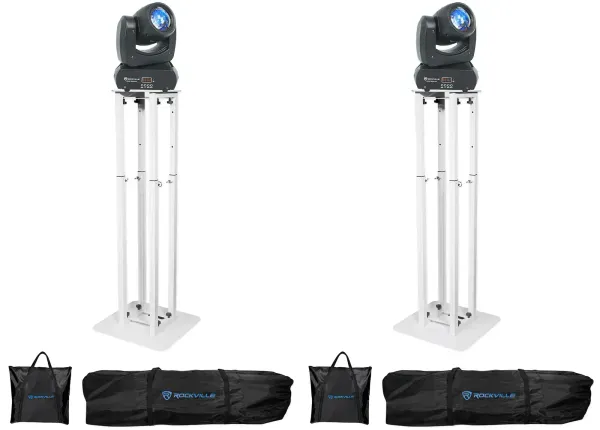 2 Rockville Rock Beam DC DJ Stage Pro Moving Head Lights+8 ft White Totem Stands