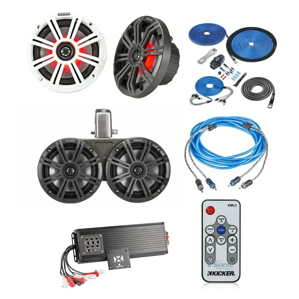 Аудиосистема для лодок Kicker (2)45KM65L + 45KMTC65 + MVPA6 + XKIT84 + XIV25 + 41KMLC (набор), башенные колонки 6.5", усилитель 6‑канальный, LED‑подсветка, пульт, сабвуфер, кабели
