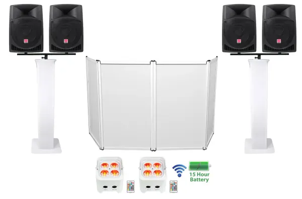 Rockville DJ Package w/(4) 12" Powered Speakers+Facade+Totem Stands+Up-Lights