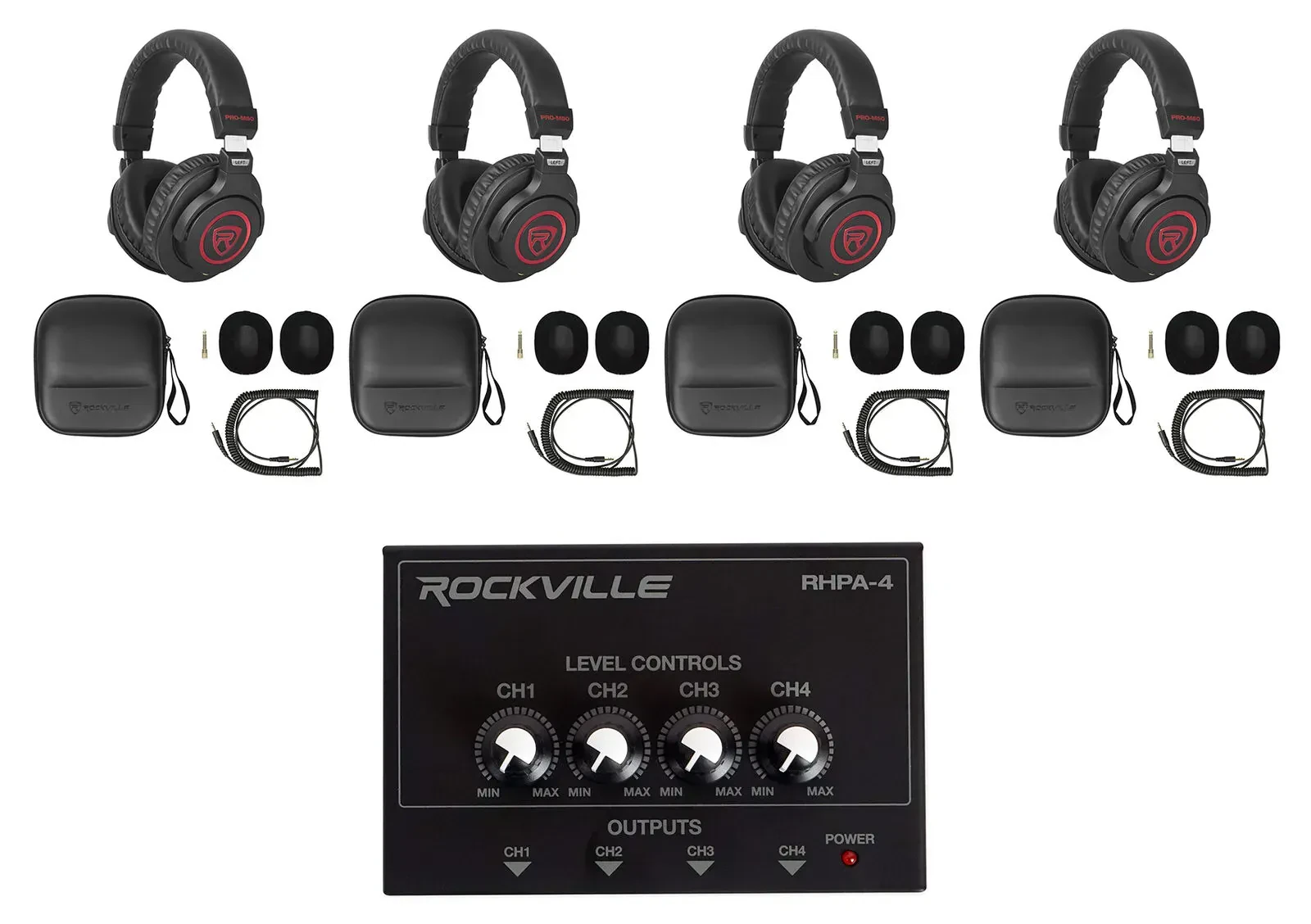 Наушники проводные Rockville PRO-M50 SR Black с усилителем (4 штуки)