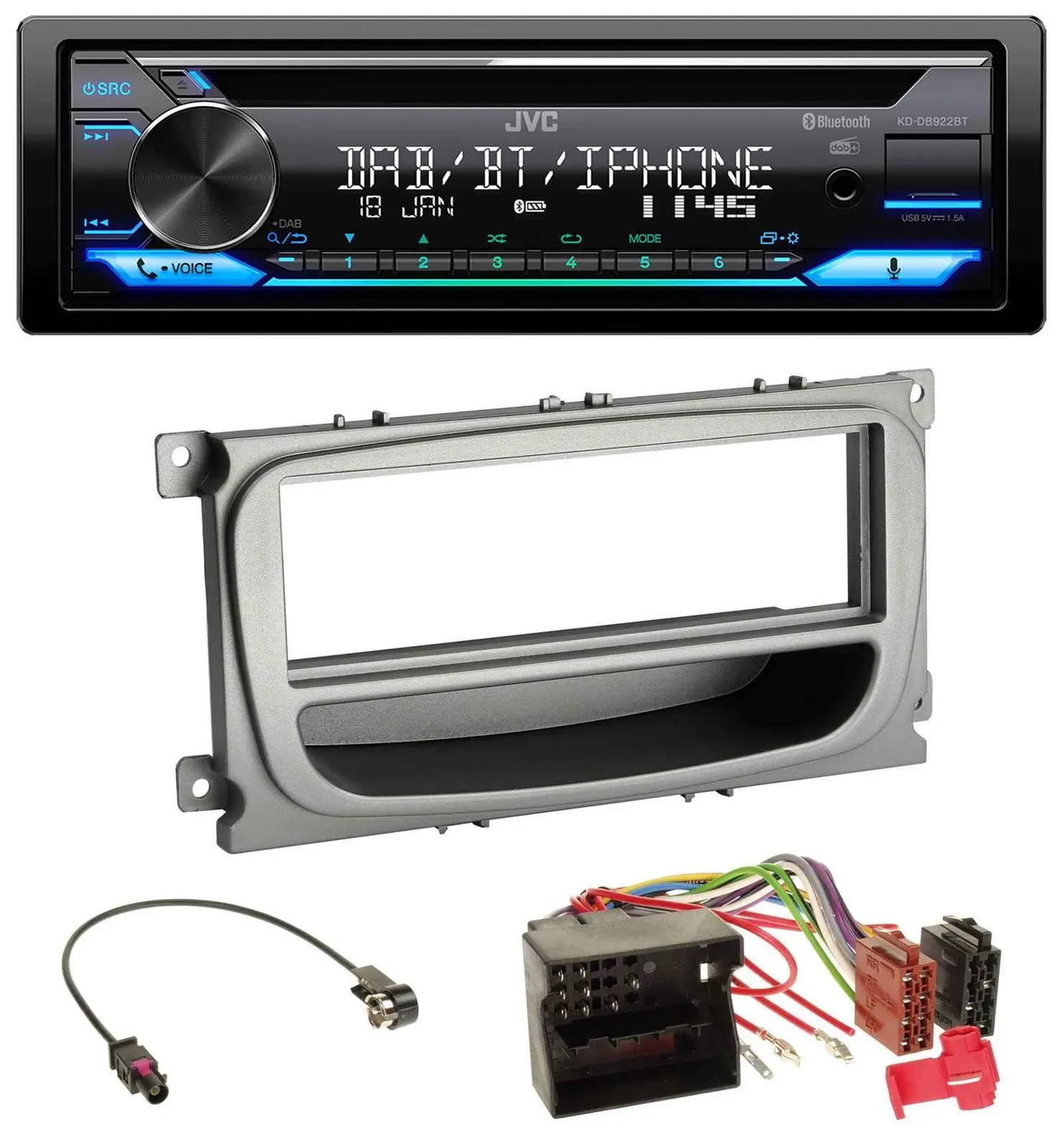 JVC Bluetooth MP3 USB DAB CD Autoradio für Ford Mondeo S-Max 07-14 silber Ablage