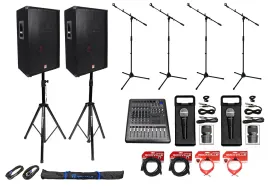 2) Rockville RSG15 15” 3-Way DJ PA Speakers+Powered Mixer+Mics+Stands+Cables