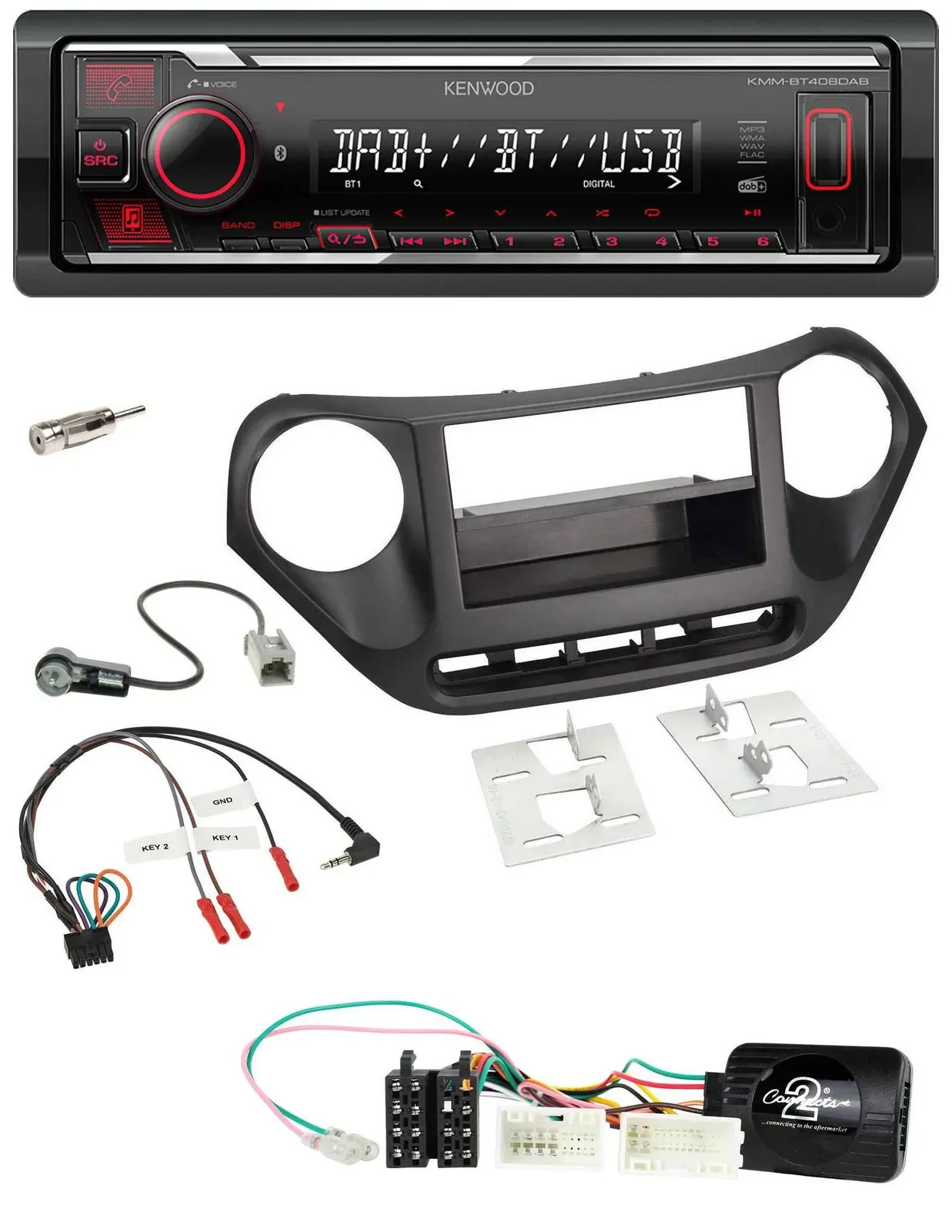 Автомагнитола Kenwood Bluetooth, USB, DAB для Hyundai i10 (с 2014), черный