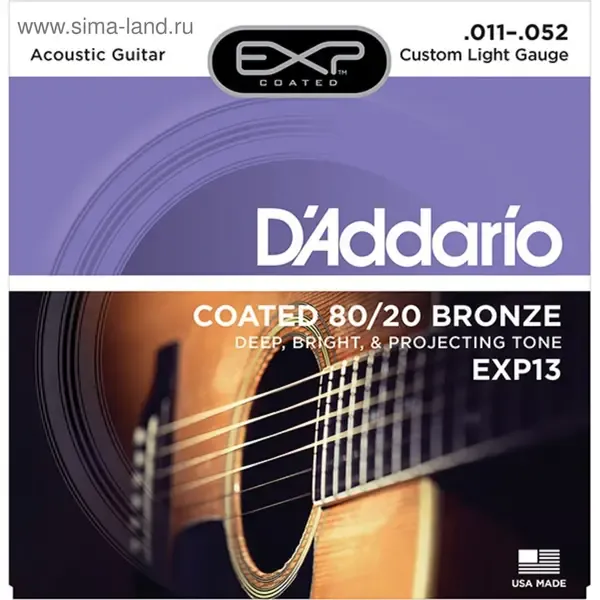 Струны для акустической гитары D'Addario EXP13 11-52, бронза с покрытием EXP