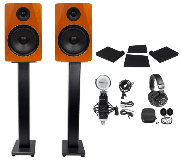 2 Rockville APM8C 8" 500w Powered Studio Monitors+36" Stands+Pads+Headphones+Mic