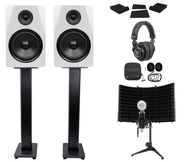 (2) Rockville DPM8W 8" 600w Active Studio Monitors+Stands+Headphones+Mic+Shield