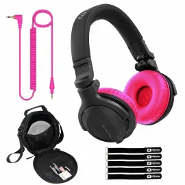 Pioneer DJ HDJ-CUE1BT Black Wireless Bluetooth Headphones, Pink Ear Pads & Case